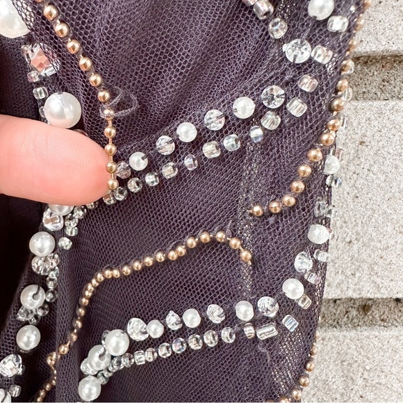 NWT Blondie Nites Gray Beaded Mesh Halter Sweetheart Neckline Formal Maxi Gown - Picture 13 of 14